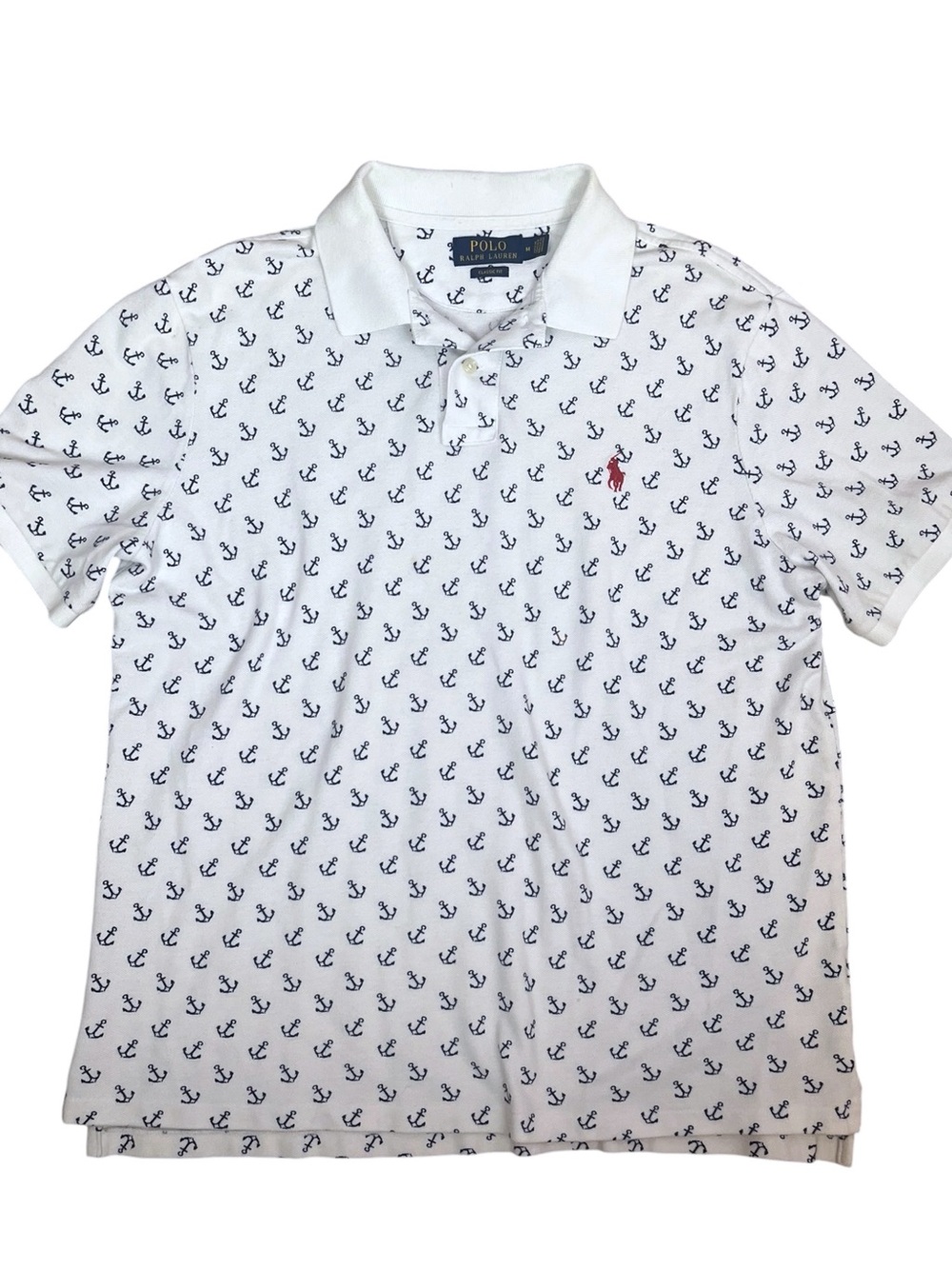 Polo Ralph Lauren Nautical Polo Shirt Mens Medium Blue White Anchor Preppy Pique